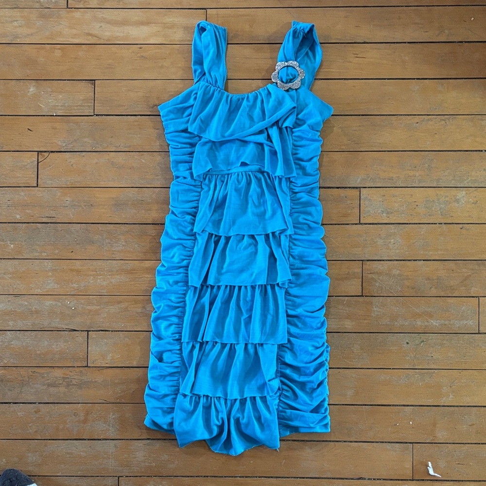 EUC Amy Byer Vibrant Blue Tiered Ruffle Dress with Decorative Buckle